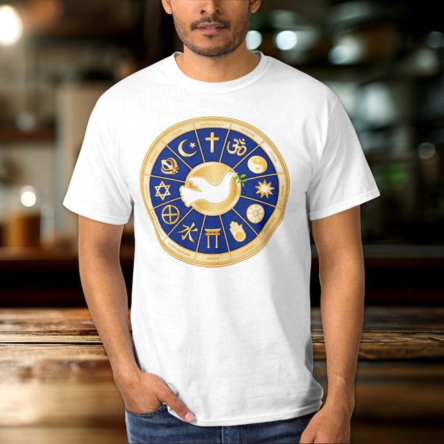 Personalizar Tu palo de paz camiseta (Dove of Peace T Shirt.
Customize the text. Gold icons of world faiths surround the Dove of Peace. )