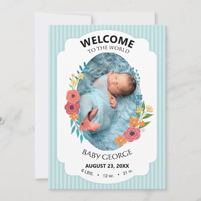personalized baby blue floral Birth announcements (Anverso)