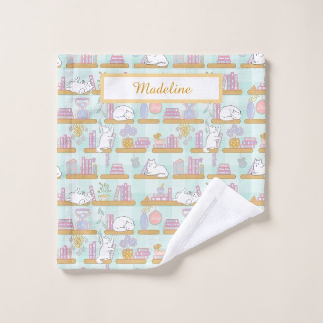 Personalized Cat's Library Bookish Pastel Green (Toallita)