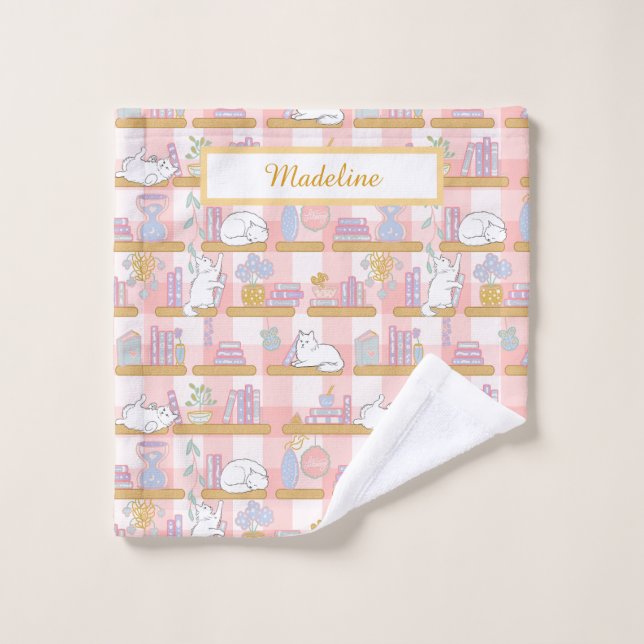 Personalized Cat's Library Bookish Pastel Pink (Toallita)