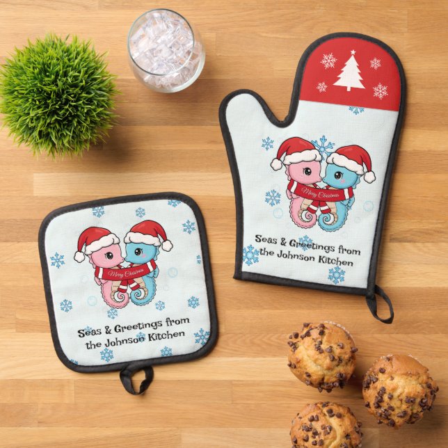 Personalized Seahorse Christmas Oven Mitt Set (De arriba hacia abajo)