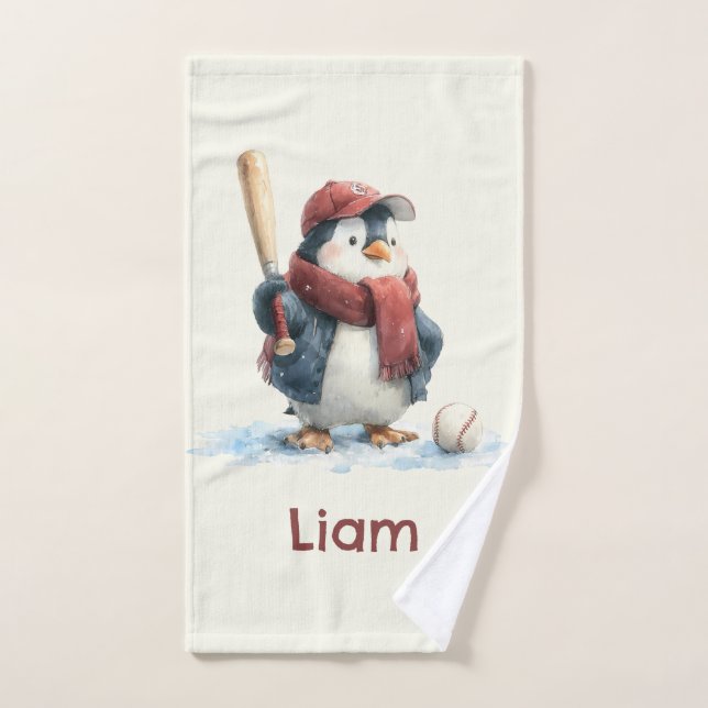 Personalized Winter Penguin Baseball Kid (Toalla de mano)