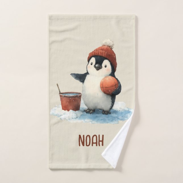 Personalized Winter Penguin Basketball Kid Towel (Toalla de mano)