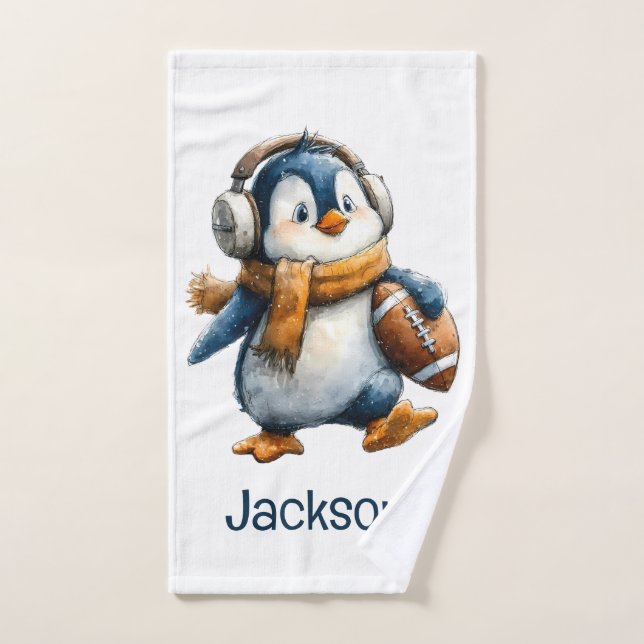 Personalized Winter Penguin Football Kid (Toalla de mano)