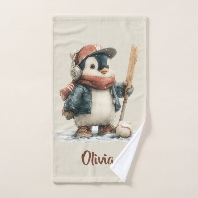 Personalized Winter Penguin Softball Kid (Toalla de mano)