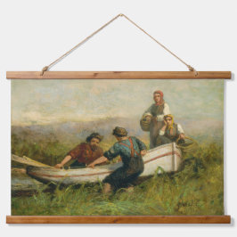 Personas cercanas al tapiz de barcos