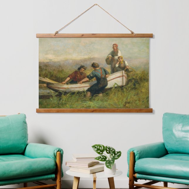 Personas cercanas al tapiz de barcos (Sala de estar)