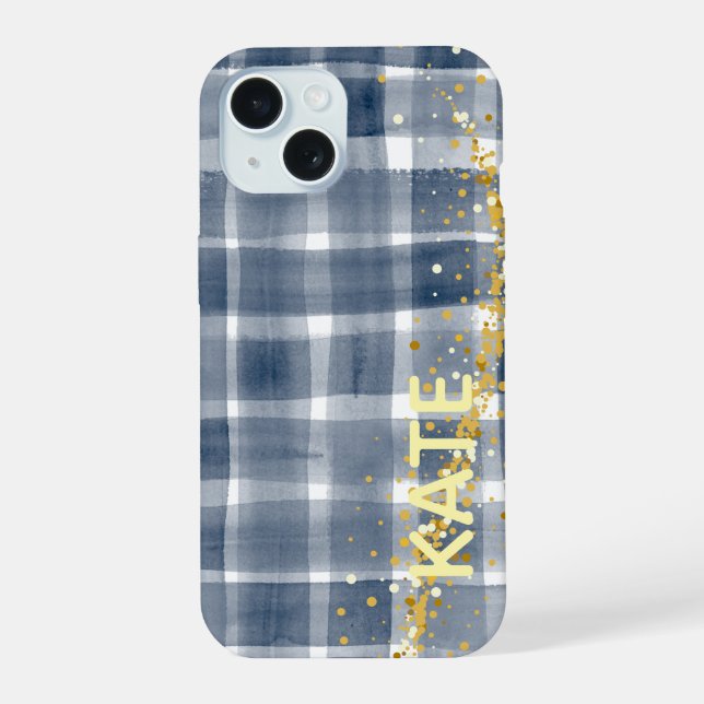 PERSONLIZED Blue Plaid Gold Aesthetic iPhone Case (Reverso )