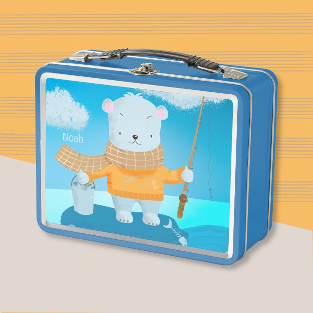Pesca Cuidada Oso Polar Niño Lunchbox Metalizado (Cute fishing polar bear kid personalized metal lunch box .
)