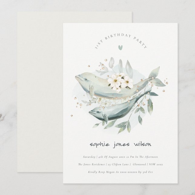 Pescado floral subacuático Invitación de cumpleaño (Anverso / Reverso)