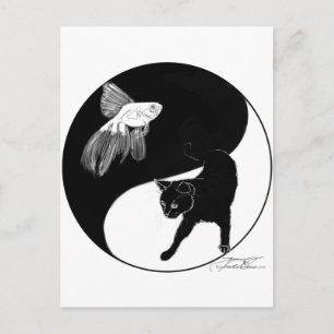 Pescado y gato YinYang - Postales en blanco y negr