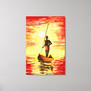 Pescador En El Barco Al Atardecer Impresión En Lie