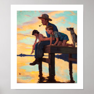 Pescar con papá. Impresión de arte vintage