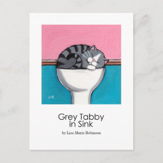 Pestaña gris en rosado | Postal de arte de gatos c