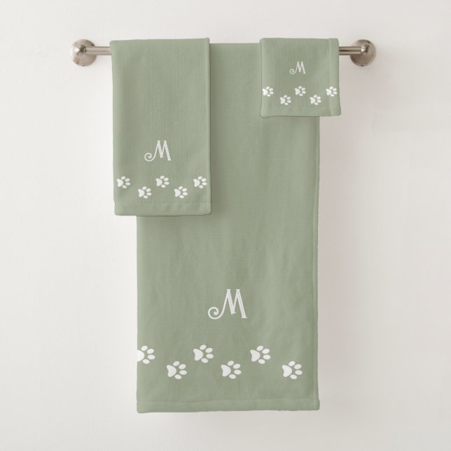 Pet Paws & Monogram on Sage Green Bath Towel Set (In situ)