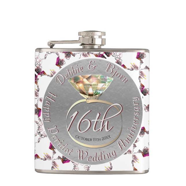 Petaca 16° Aniversario Boda: Cera, estadística y Peridot (Anverso)