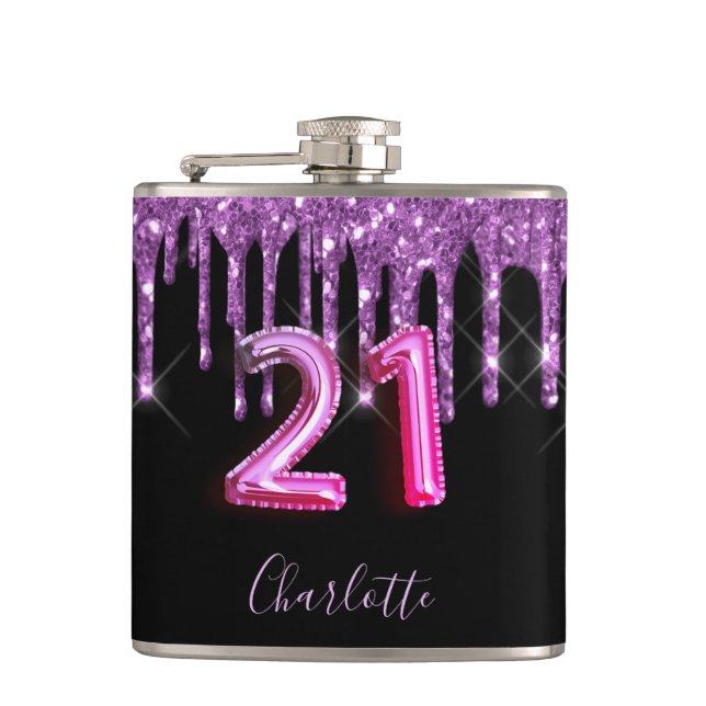 Petaca 21 años purpurina morado negro de los amigos del g (Anverso)