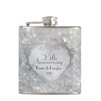 Petaca 25º aniversario del Boda Sparkle Silver Heart