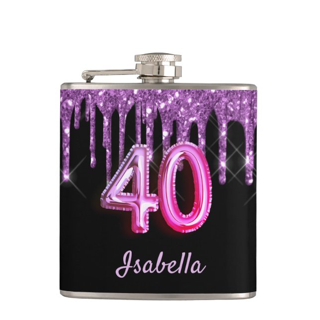 Petaca 40.º purpurina morado negro de cumpleaños (Anverso)