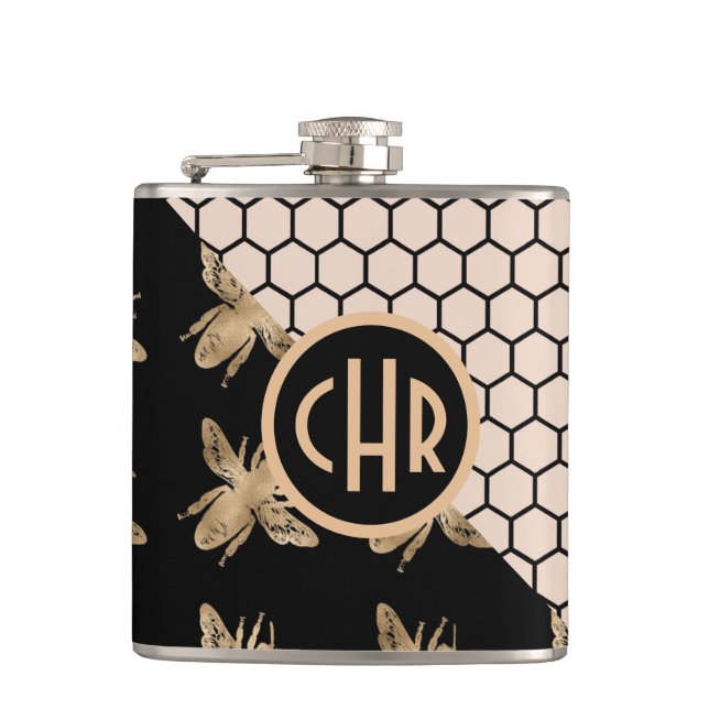 Petaca Abejas negras y doradas y monograma de Honeycomb r (Anverso)