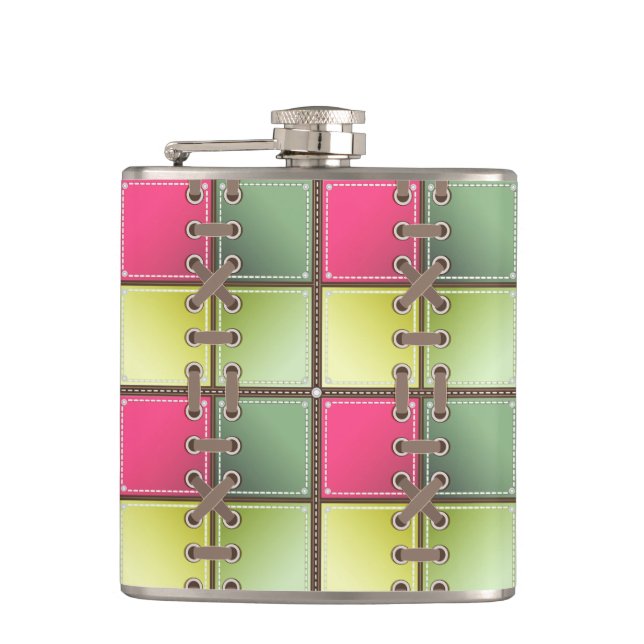 Petaca adicto al calzado encaja arte de moda rosa y verde (Anverso)