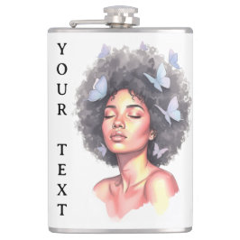 Petaca Afro Beauty with Butterflies – Watercolor Portrait