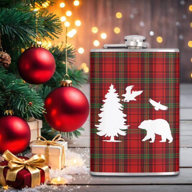 Petaca Águila del oso pino sobre el tartán negro rojo (Subido por el creador)
