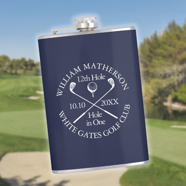Petaca Agujero de golf personalizado en un azul marino (Personalized Golf Hole in One Navy Blue Flask)