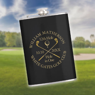 Petaca Agujero en Uno de Golf Personalizado Negro y Dorad