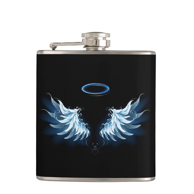 Petaca Alas del Ángel Azul brillante sobre fondo negro (Anverso)