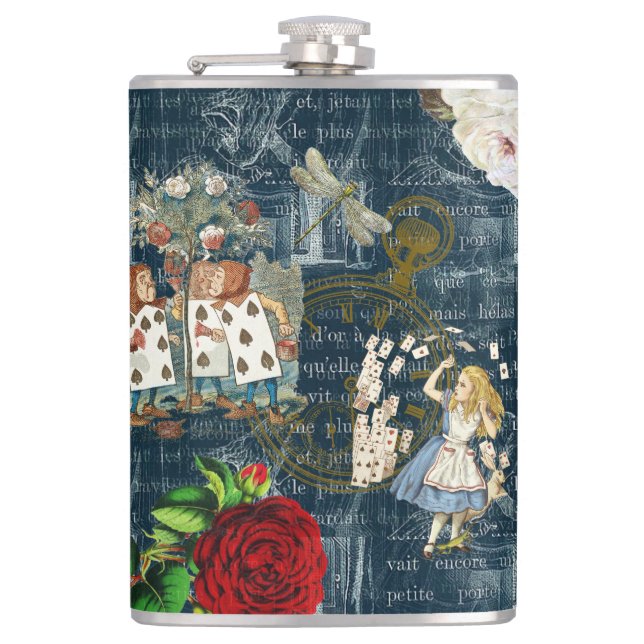 Petaca Alice Wonderland Rosas Tarjetas Flask Azul Literar (Anverso)