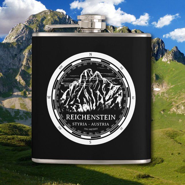 Petaca Alpes de Austria en el monte Reichenstein (Mount Reichenstein - Styria Austria Alps Flask in Back with a white compass mountain illustration)