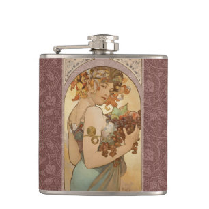 Petaca Alphonse Mucha Frutas Art Nouveau Vintage Doncella
