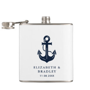 Petaca Ancla azul marino náutico de boda personalizada
