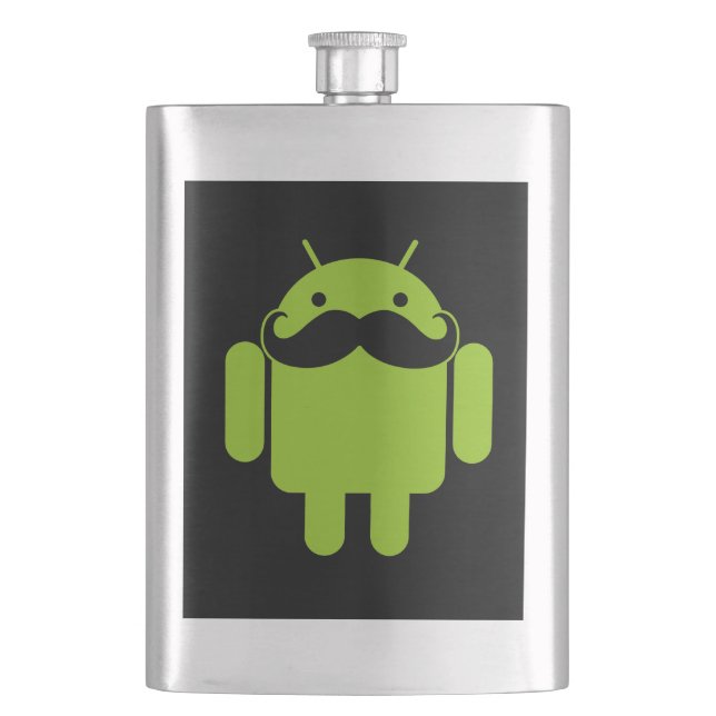 Petaca Android Robot Mustache Style sobre negro (Anverso)