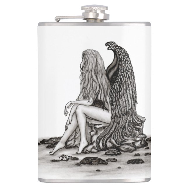 Petaca Ángel, perdido en el pensamiento, diseño blanco y  (Anverso)