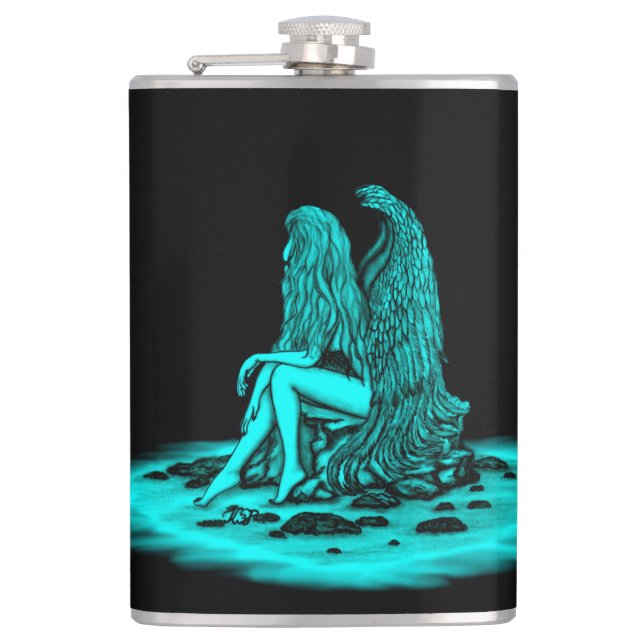 Petaca Ángel, perdido en el pensamiento, negro y verde Di (Anverso)