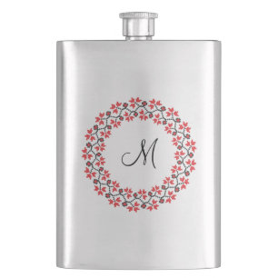 Petaca Anillo de flores rojas Monograma personalizado ini