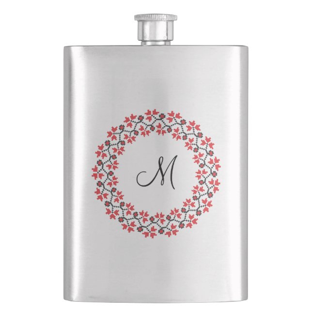 Petaca Anillo de flores rojas Monograma personalizado ini (Anverso)