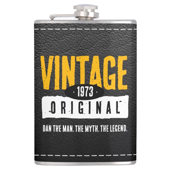 Petaca Año de nacimiento original de cuero negro (Anverso)