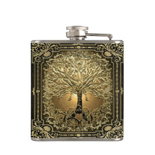 Petaca Árbol ornato de oro de la antaño matraz rústica de