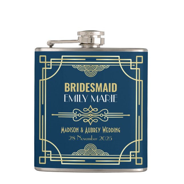 Petaca Art Deco Boda Bridesmaid Gold Blue Favor de los añ (Anverso)