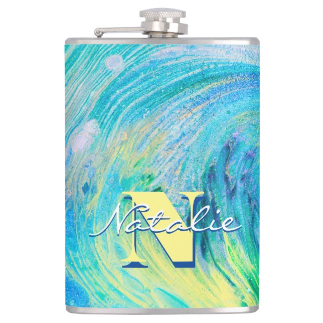 Petaca Arte de flujo acrílico azul Aqua (Anverso)