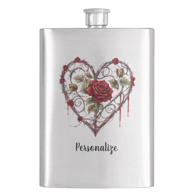 Petaca Arte de vid personalizable con corazón de rosa roj (Anverso)