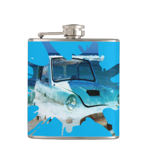 Petaca Arte pop clásico de la playa del coche de época,