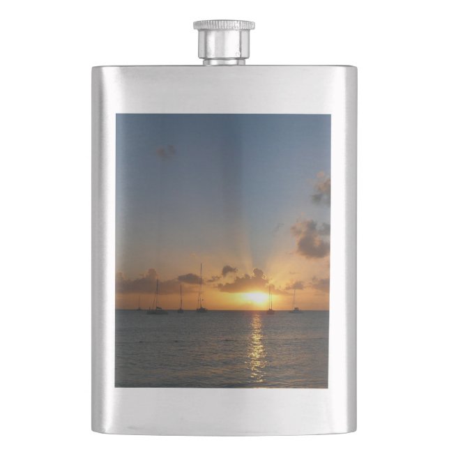 Petaca Atardecer con veleros paisaje tropical foto (Anverso)