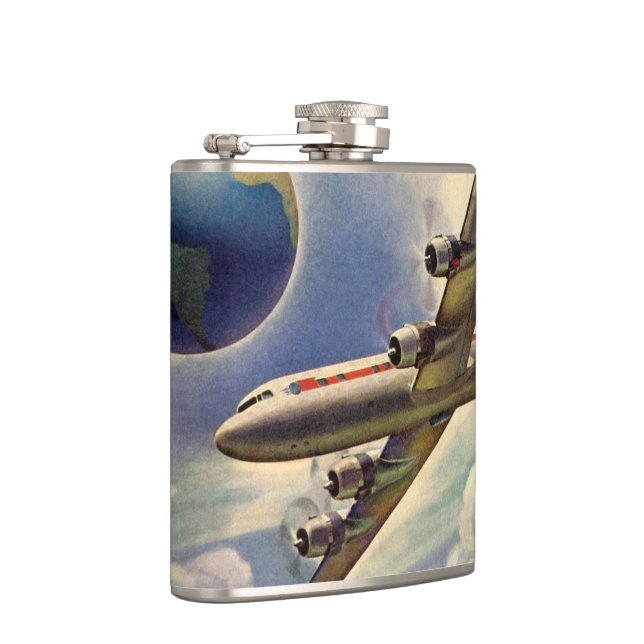 Petaca Avión de época volando por el mundo en nubes (Derecha)