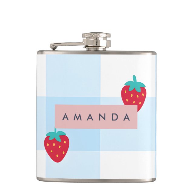 Petaca Azul de Gingham de Fresa Dulce Personalizado (Anverso)