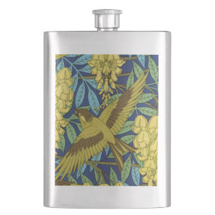 Petaca Azul Marino Antiguo Pájaro y Patrón Floral Amarill
