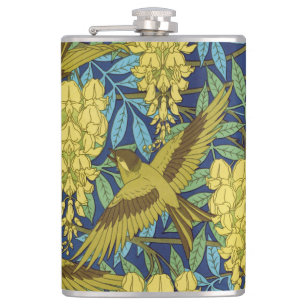 Petaca Azul Marino Antiguo Pájaro y Patrón Floral Amarill
